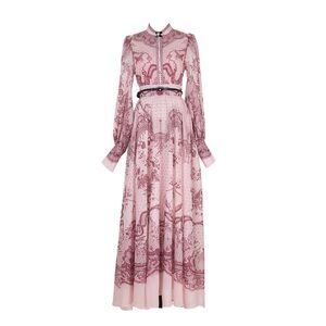 Designer-Style Pink Printed Long-Sleeve Maxi Two-piece Blouse and Skirt Set